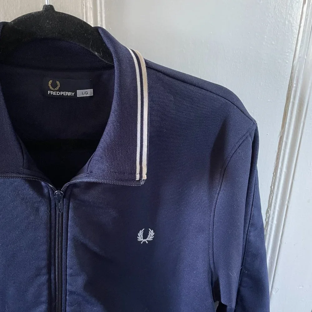Fred Perry Dark Blue Bomber Jacket with White Accents - Picture 2 of 6